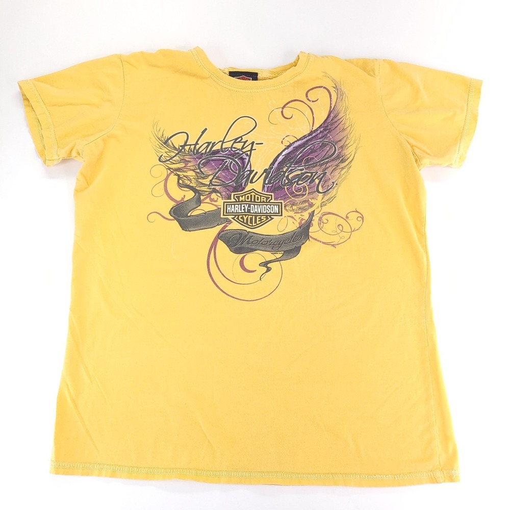 Harley Davidson T Shirt Womens Medium Yellow Phoenix Wings Splatter Graphic Back